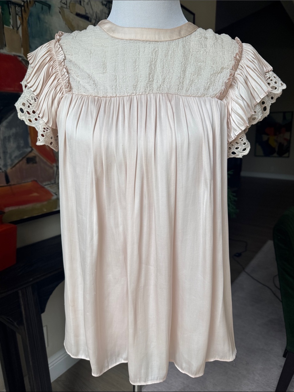 Pookie and Sebastian Soft Pink Lace-Trim Flutter Sleeve Top